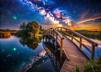 Serene Night: Wooden Bridge over Lagoon - Stock Photo