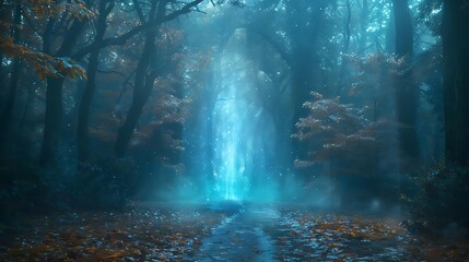 Obraz premium Mystical blue light emanating from a path in a foggy autumn forest.