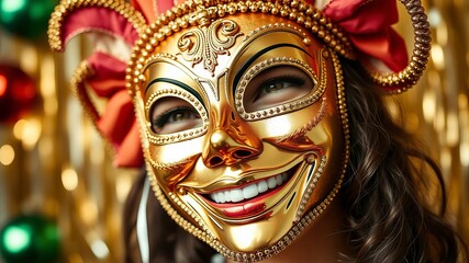 Golden mask with a wide, cheerful smile painted on it radiating positivity and happiness, festive, festive