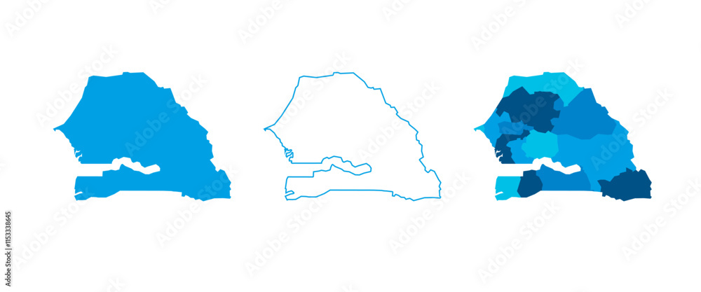 Poster senegal set of three maps - solid map, outline map and map highlighting administrative divisions. th