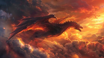 Fiery sunset, majestic black dragon soaring through dramatic clouds.