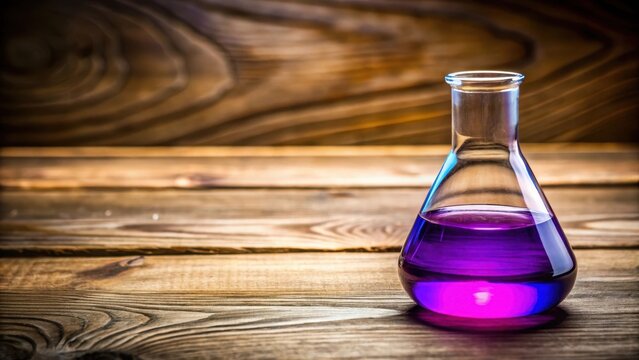 Colorful glass flask filled with vibrant purple liquid on a wooden table, art, purple,  art, purple