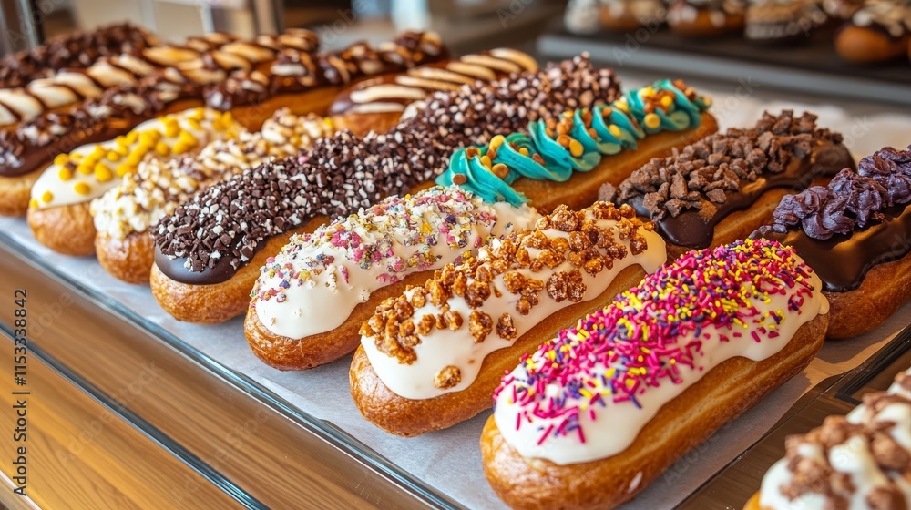 Poster a tempting assortment of freshly made eclairs, each decorated with unique toppings and icing designs