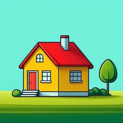 Illustrated Yellow House with Red Roof in Minimalist Design Green background next to the house