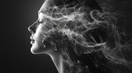 A striking abstract profile of a woman with neural-like streams flowing from her head, evoking concepts of thought, imagination, and creativity. The black and white contrast enhances the surreal and