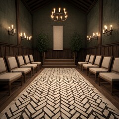 Fototapeta premium Medieval Hall Ceremony Room Antique Chairs Wooden Floor Dark Interior Historic Settin