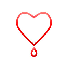 Heart shape with one single droplet in line art and red color as blood donation or related health care concept