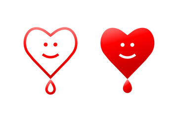 Heart with smile and drop of blood concept. Smiling heart shape and droplet in red color as blood donation or related health care and medical concept.