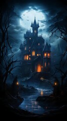 Eerie gothic mansion on a moonlit night, shrouded in mystery, with figures near a dark river.