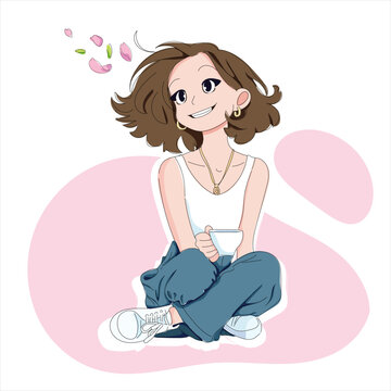 Vector Illustration of a Happy Girl Sitting with a Cup in Anime Style on Transparent Background. Image Cartoon Style