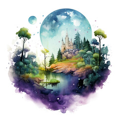 Watercolor fantasy landscape with quiet lake, lush greenery, wooden huts, towering rocky mountains and a starry sky with glowing planet and colorful nebula. PNG on transparent