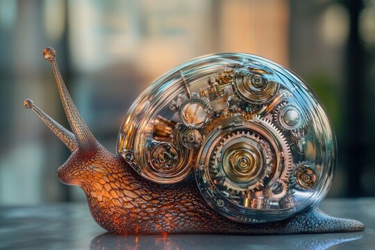 Mechanical snail showing gears and cogs, futuristic clockpunk style