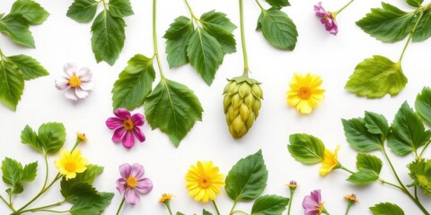 Vibrant Arrangement of Green Leaves and Colorful Flowers on White Background, Showcasing Natural Beauty and Botanical Diversity for Creative Design Projects