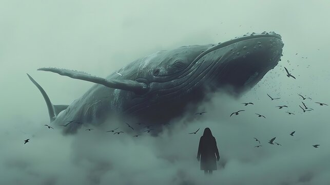 A colossal whale emerges from the mist, dwarfed only by the vastness of the sky, a lone figure observes from below.