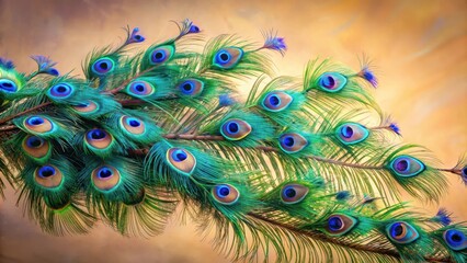 Obraz premium Vibrant blue peacock feathers on a branch, with intricate patterns and hues of green and purple
