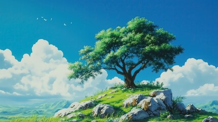 Obraz premium Anime Background. Colorful Sky, Blue Clouds, Scenic Illustration, Spring Nature, Artistic Cartoon Style, Beautiful Vector Design, Landscape Poster Art.