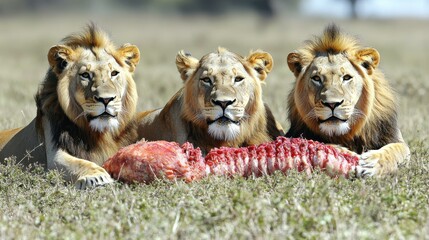 Bigcats Feast. Three lions resting with fresh meat on grass savannah s