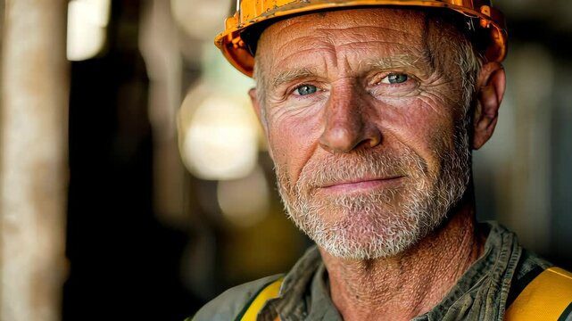 Veteran Construction Worker: A close-up portrait of a weathered, seasoned construction worker, his face etched with experience and determination, a testament to hard work and dedication.