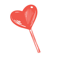 Sketch style heart shaped lollipop. Hand drawn candy isolated on white background. Valentines day illustration