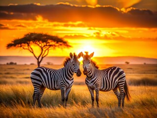 Fototapeta premium Serengeti Sunset: Zebra Embrace on African Savanna