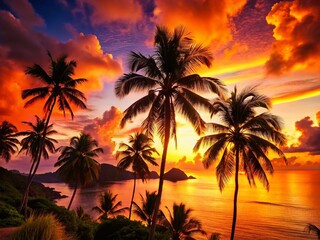 Fototapeta premium Seychelles Silhouette: Tropical Island Sunset, Palm Trees, Ocean Paradise