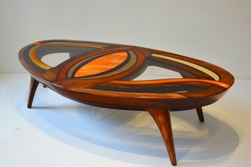 Oval coffee table showcasing an intricate design of wood and resin inlay, capturing the essence of modern craftsmanship
