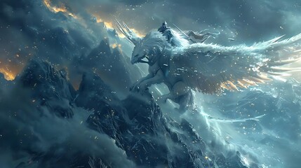 Fototapeta premium A knight rides a majestic winged white lion atop snow-covered mountains during a blizzard, fiery embers in the air.