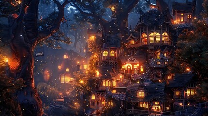 Obraz premium Enchanting night scene of a whimsical village nestled within a glowing forest, illuminated by warm lights.