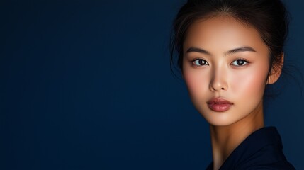 Fototapeta premium Elegant woman with natural makeup against deep blue background