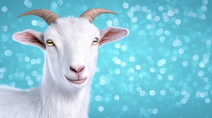 Fototapeta premium Adorable White Goat Portrait Bokeh Background Farm Animal Cute Pet Fluffy Smiling