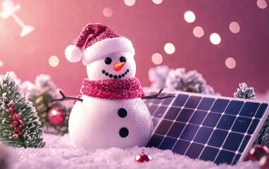 Obraz premium A snowman and solar panels together on a festive pink background with winter-themed decorations