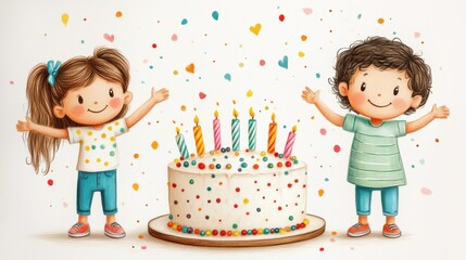 Happy children celebrating birthday with cake. (2)