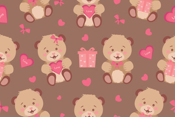 Seamless pattern with cute teddy bears and hearts in flat style on Mocha Mousse background. Valentine's Day, Teddy Bear Day design
