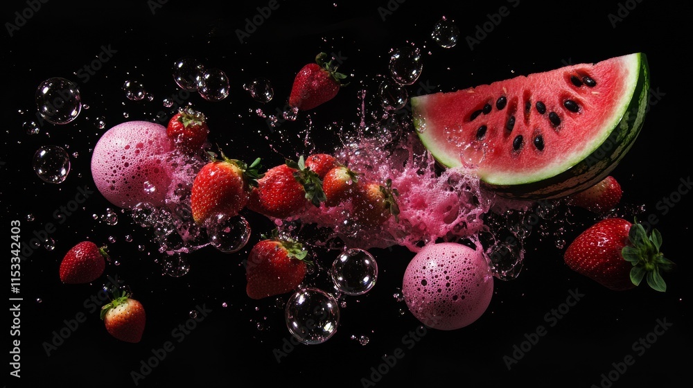 Aufkleber a dynamic composition of fresh strawberries, a watermelon slice, and bubbles bursting in midair. the