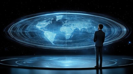 Man observing a holographic global network.