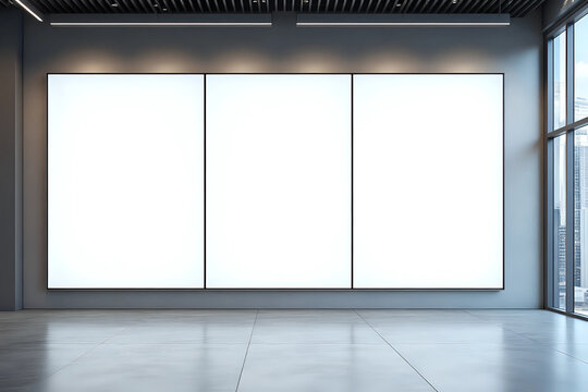 Triple Vertical digital Poster Mockup background in Sleek Modern Interior. Blank white showcase screen on a wall inside an urban building. Empty advertisement display media panels for promotion.