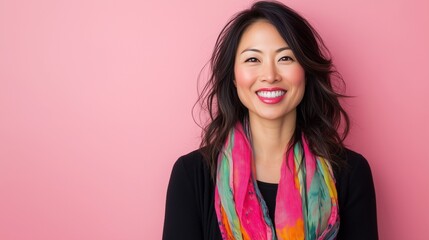 Fototapeta premium Smiling woman with colorful scarf against pink background