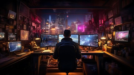 Obraz premium Man sits at desk with triple monitors displaying futuristic cityscapes at night, in a cluttered room.