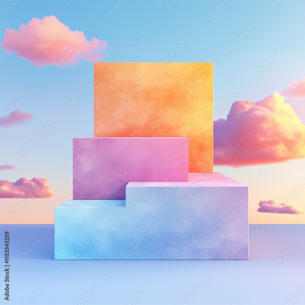 Poster pastel cube display minimalist product stage sky background soft clouds abstract 3d r