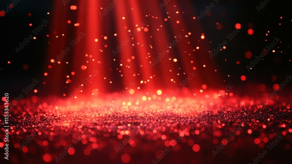 Poster glowing particles. red glowing particles with light rays abstract back