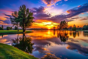 Obraz premium Silhouetted Trees and Lake at Sunset, Peaceful Park Scene