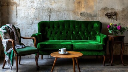 Emerald green velvet sofa with armchair in rustic room.