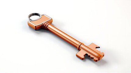A single, bronze, ornate key isolated on a white background.
