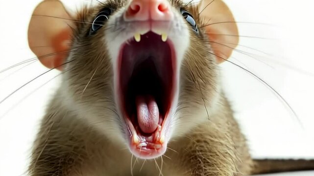 Close-up of a rat yawning widely while perched on a surface in a bright environment