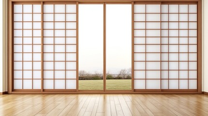 Empty room with shoji screens and garden view.
