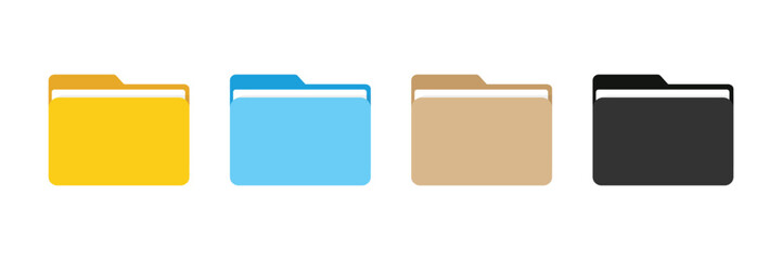 Set of icon folder computer file colourful document binder data archive. File folder vector icons. Office folder icon with documents. Folder for reports and archive cases. Vector Illustration
