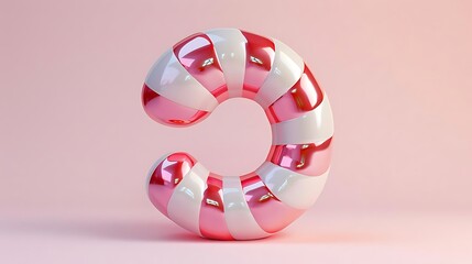 Shiny red and white candy cane shaped letter C on pink background.