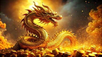Fototapeta premium Majestic golden dragon coiled around a mountain of glittering gold coins with intricate scales and fiery breath, golden dragon, treasure hoard