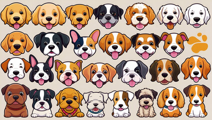a vector set of dog avatars with cute and funny cartoon-style faces. Include a variety of breeds, friendly profiles, and unique puppy portraits for a vibrant pet icon collection.