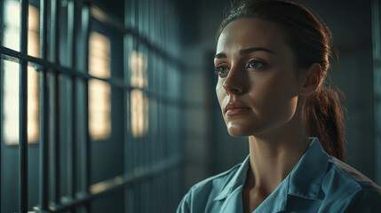 Fototapeta premium Thoughtful Woman in Blue Prison Attire Contemplating Life Behind Bars in Industrial Jail Lighting